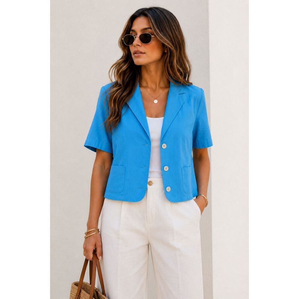 Vintage Y2K Armando Calo Made in Italy Turquoise Short Sleeve Blazer Jacket